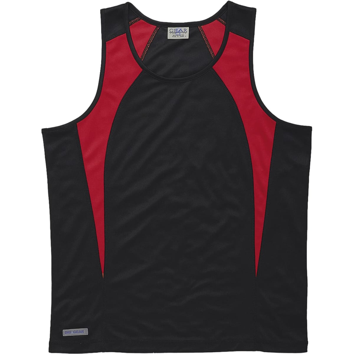 A black singlet with red spliced accents and a logo, designed for men.