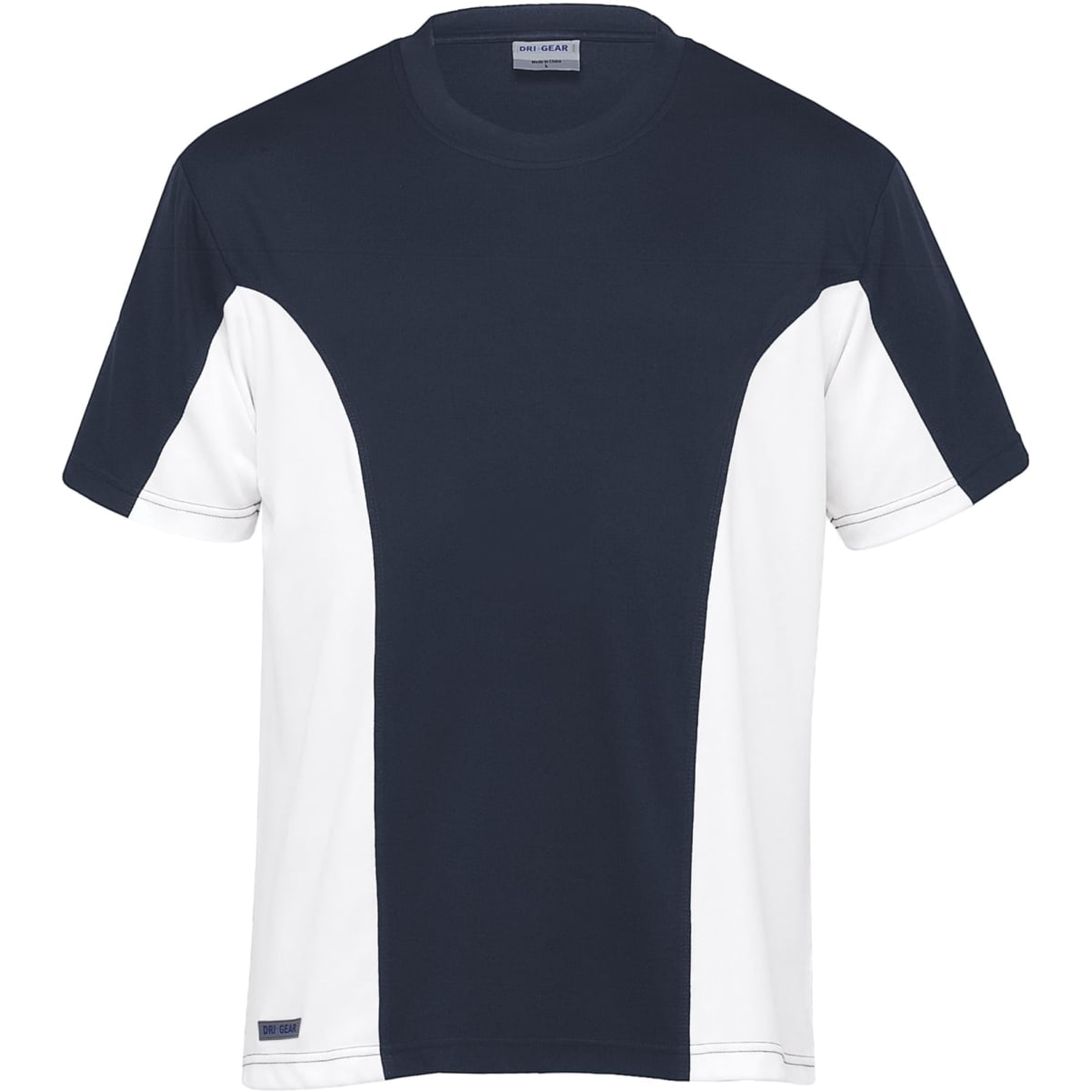 A navy and white men's T-shirt featuring a logo and a sporty design.