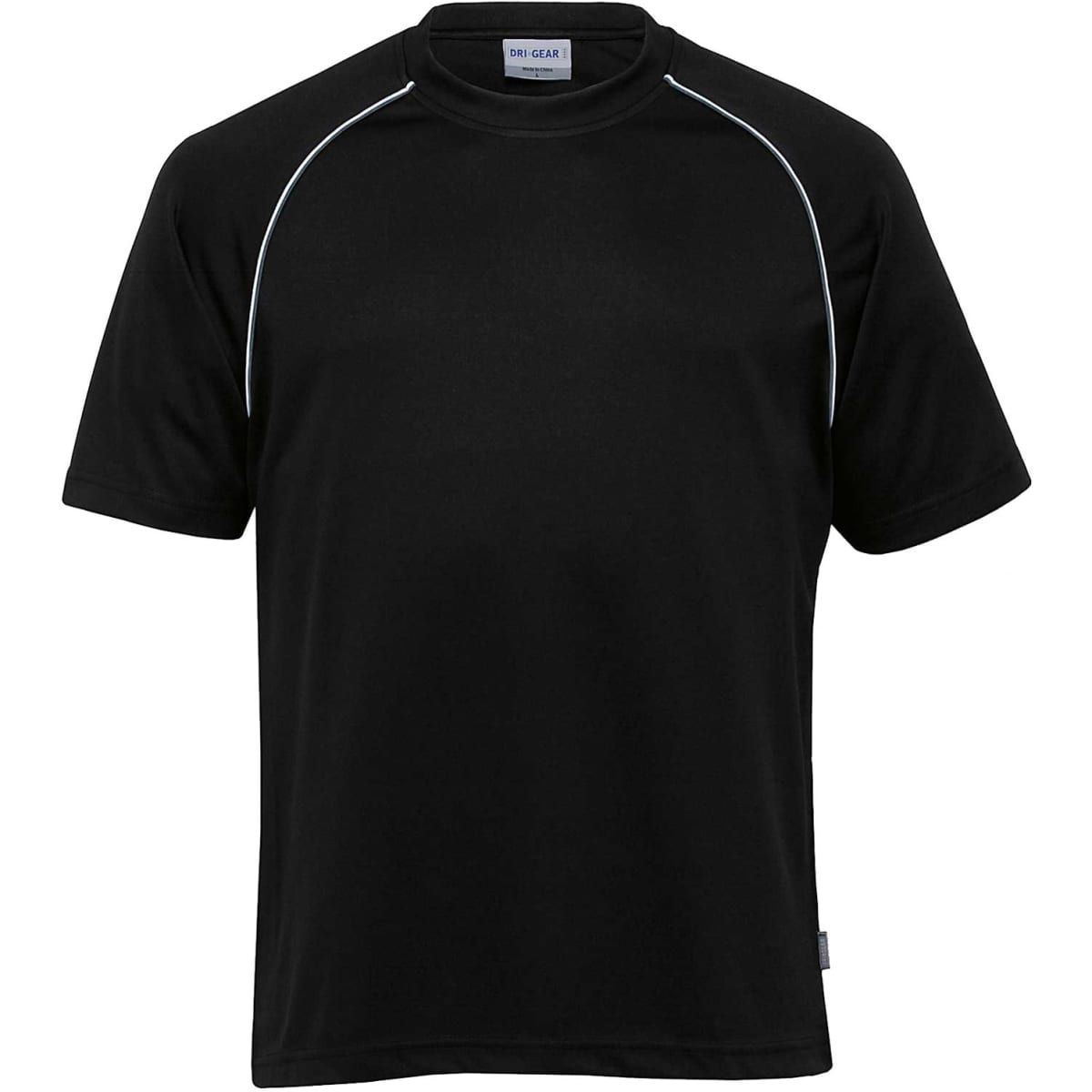 A black short-sleeve T-shirt with contrast piping and a logo on the label.