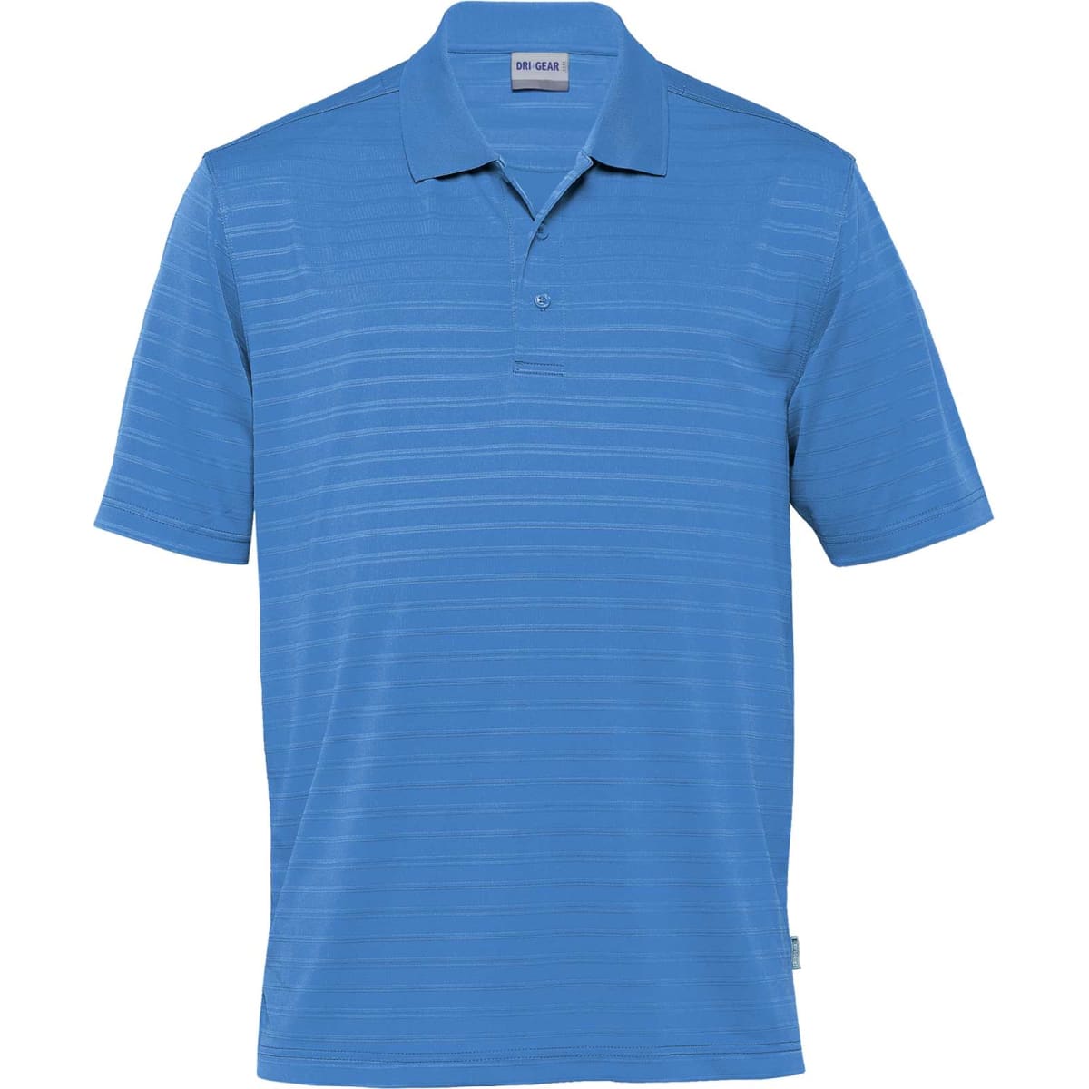 A blue striped polo shirt for men featuring a collar and short sleeves. It has a small logo on the chest.