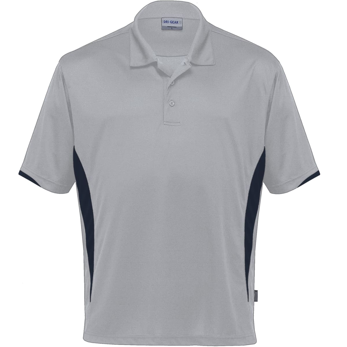 A light grey polo shirt with navy side panels and a collar, featuring a logo on the chest area.