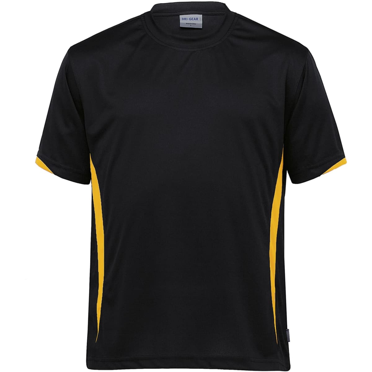 A black T-shirt with yellow side accents and a logo on the front. Suitable for casual wear or sports activities.