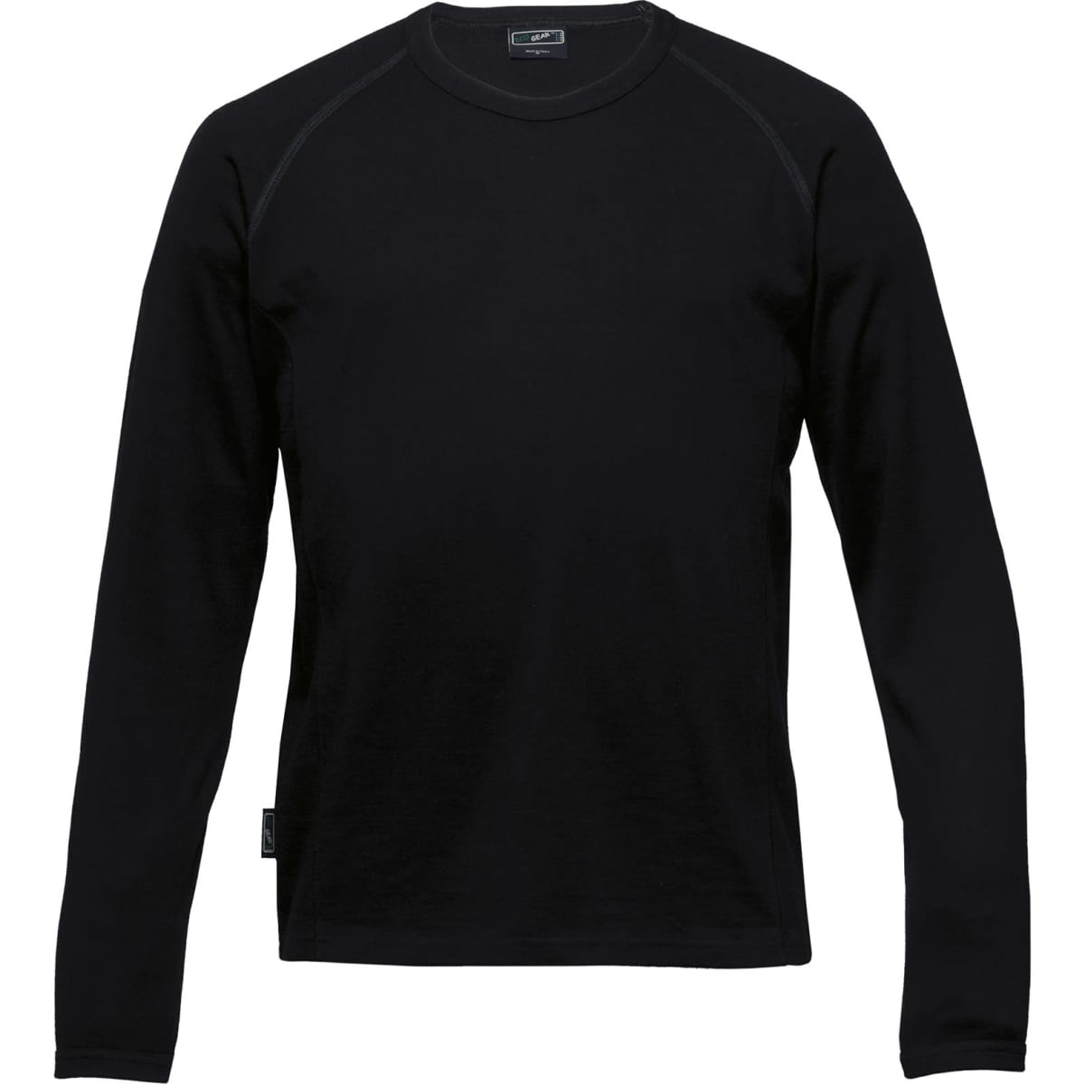 A black Merino crew pullover for men, featuring long sleeves and a fitted design. It has a logo tag on the side.