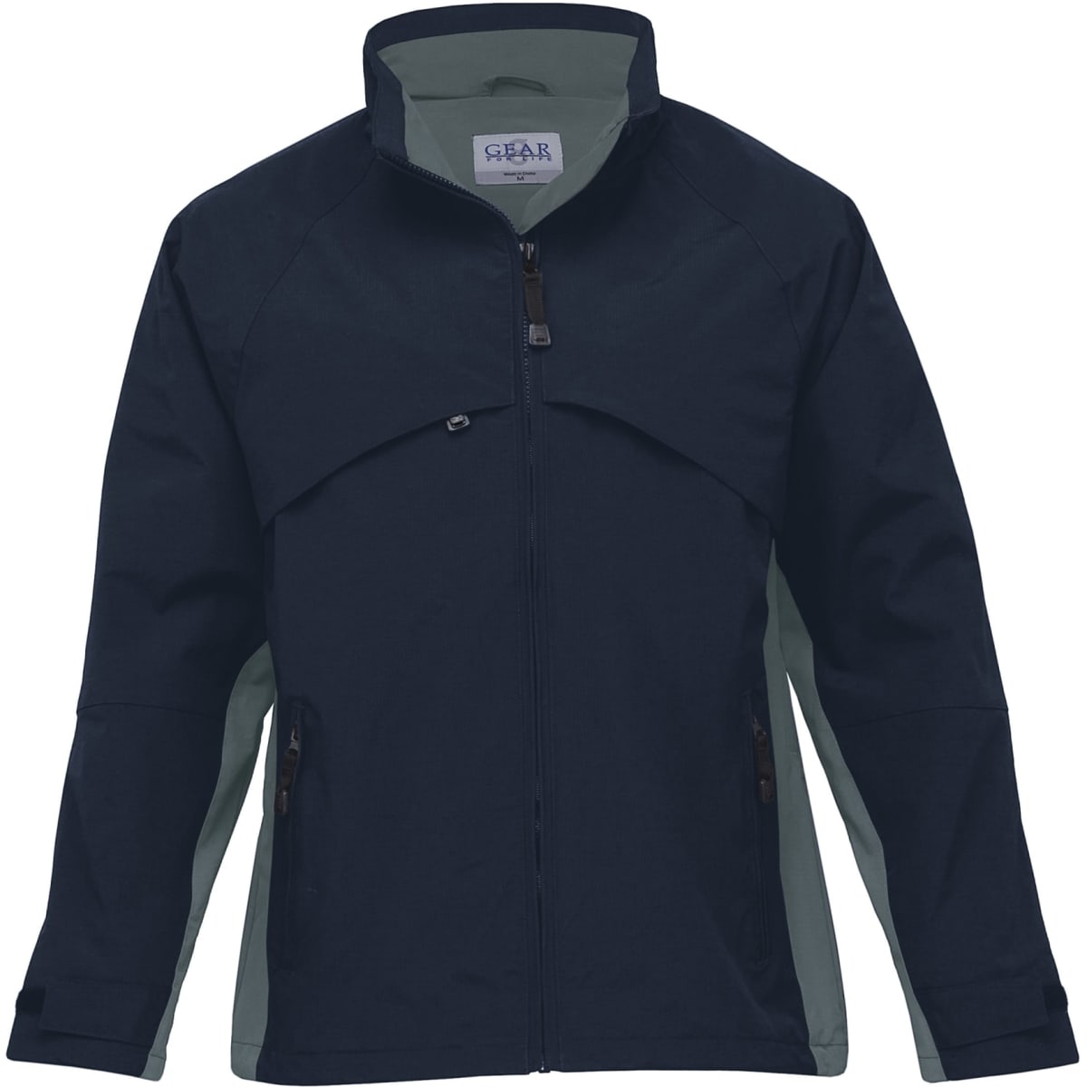 A navy and grey soft shell jacket featuring a zip front, a high collar, and side pockets. It includes a logo on the chest.