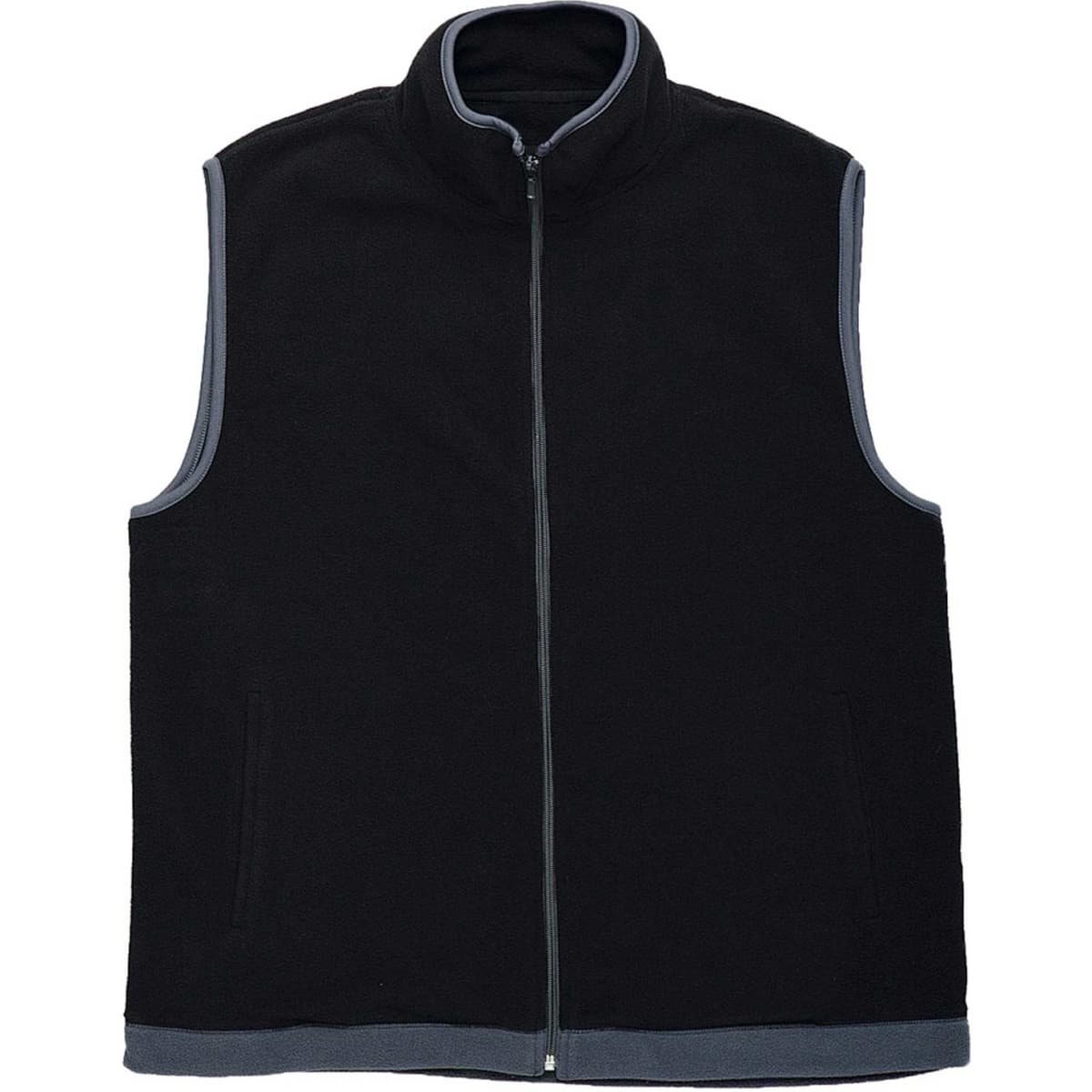 A black vest with a high collar and grey trim, featuring a full zip and side pockets.