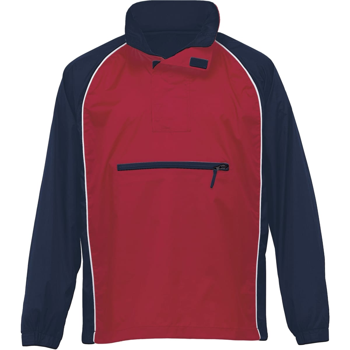 A red and navy nylon jacket with a zip pocket and a stand-up collar. It features a logo on the front.