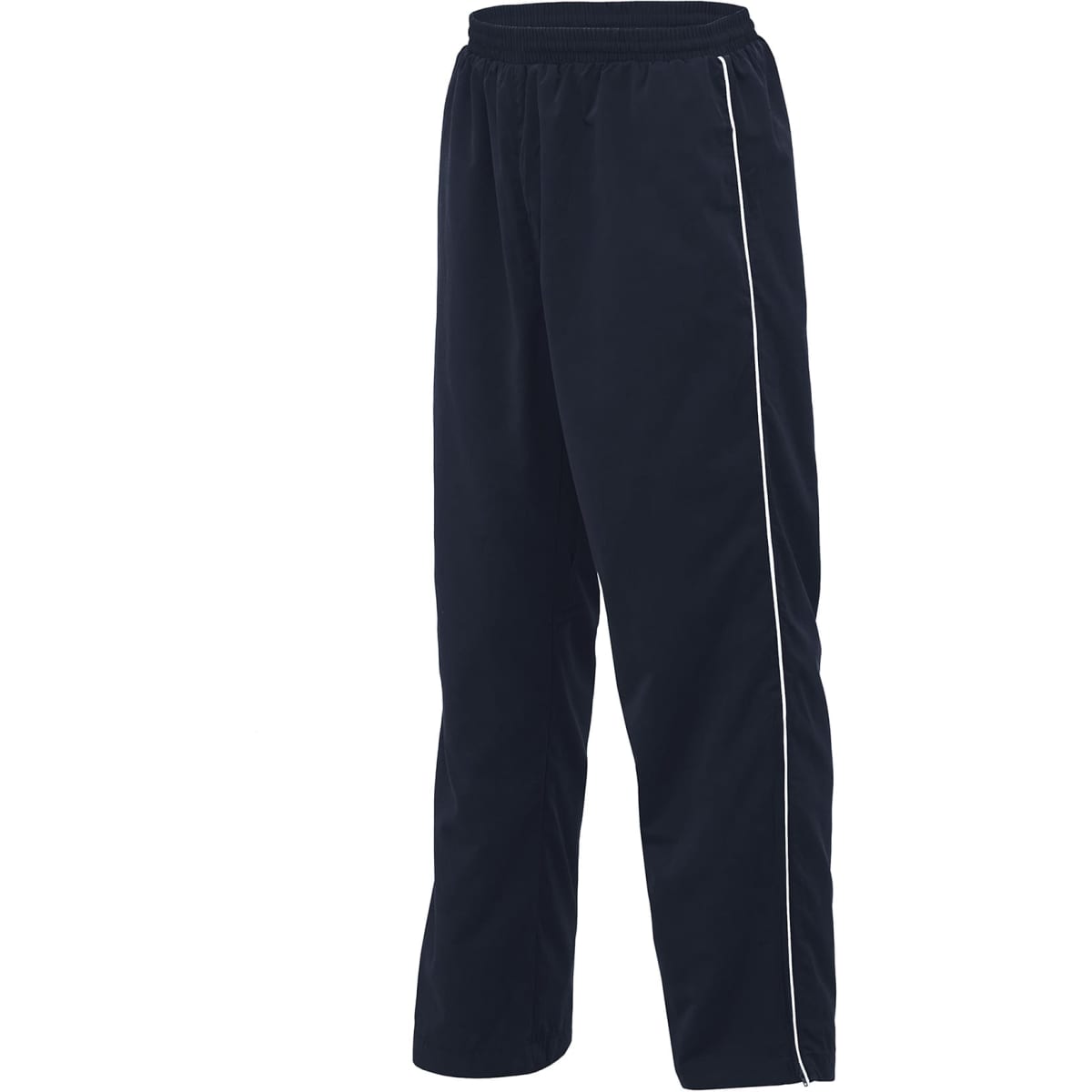 Microfibre trackpants in black with white side detailing. Features an elastic waistband and a logo.
