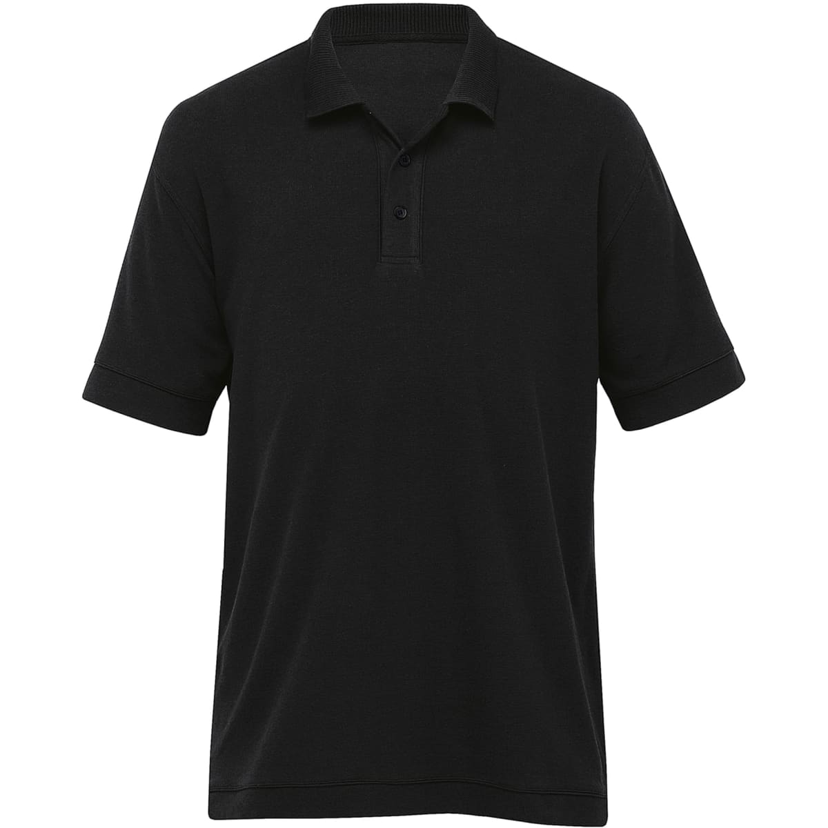 A black polo shirt for men featuring a collar and short sleeves. The shirt has a logo on the front.