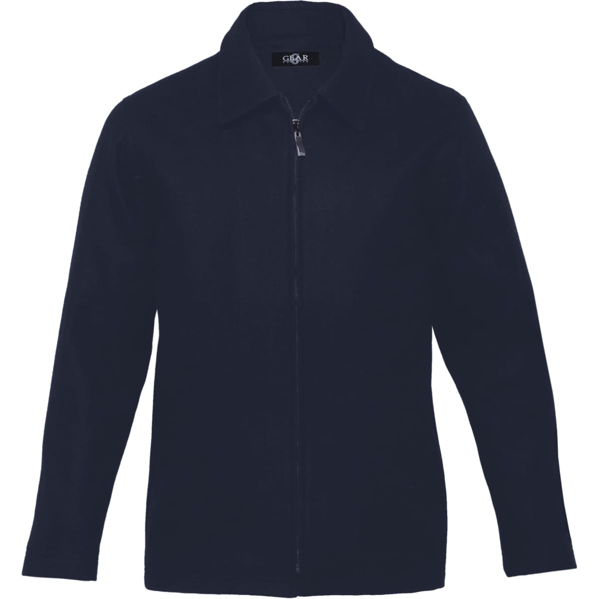 A Melton wool jacket for men in navy, featuring a zip closure and a collar. The jacket has a logo on the label.