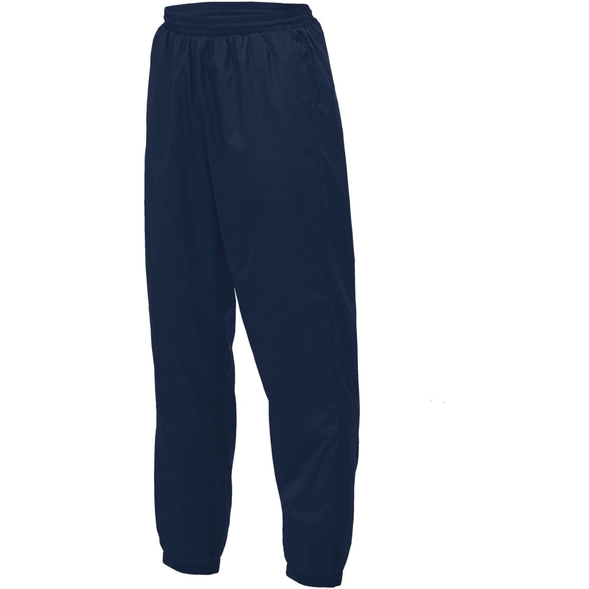 Navy nylon trackpants with an elastic waistband and a logo. Suitable for casual wear or sports activities.