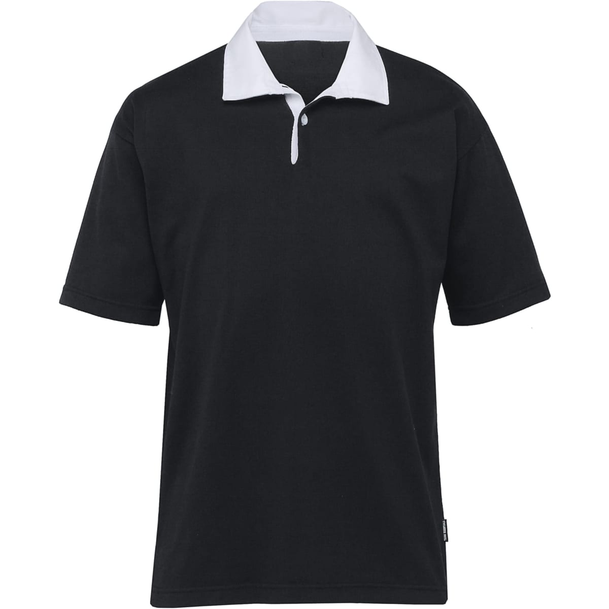 A rugby jersey in black with a white collar, featuring a logo on the front. Short sleeves and a collared design.