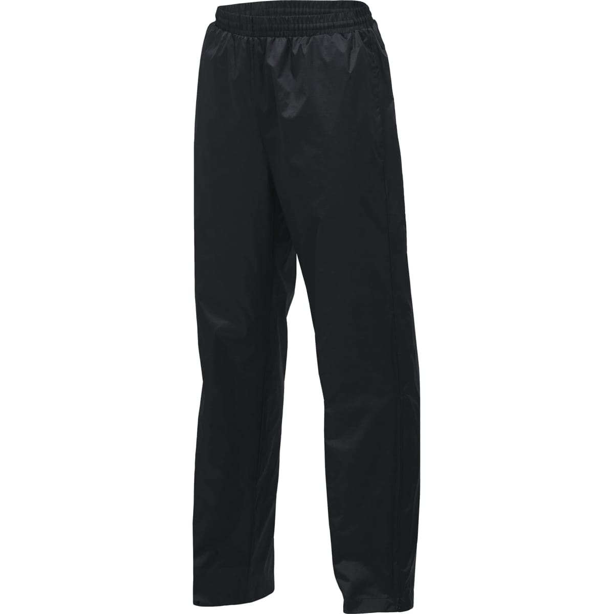 Black ripstop trackpants with an elasticated waistband and a logo present.