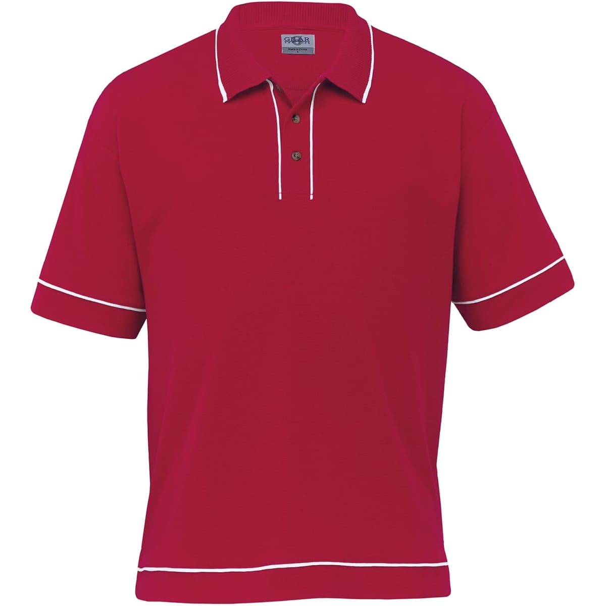 A red retro waffle polo shirt with white piping and a button-up collar, featuring a logo.