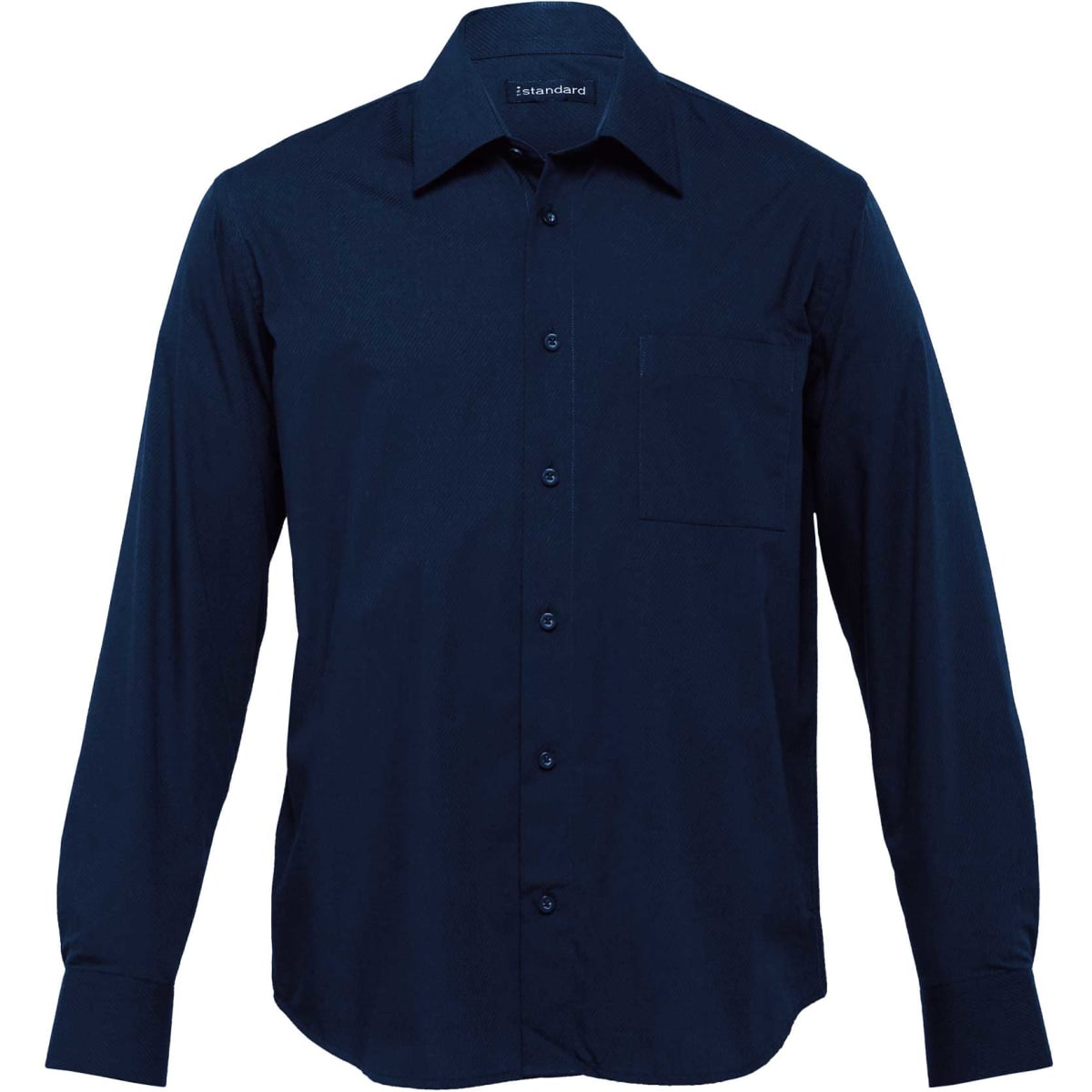 A navy long sleeve button-up shirt with a chest pocket and collar, featuring a logo on the label.