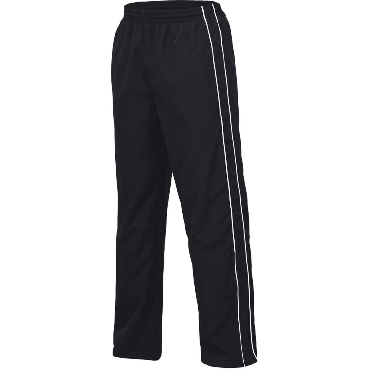 Black track pants with white twin stripes and an elastic waistband. Features a logo on the waistband.