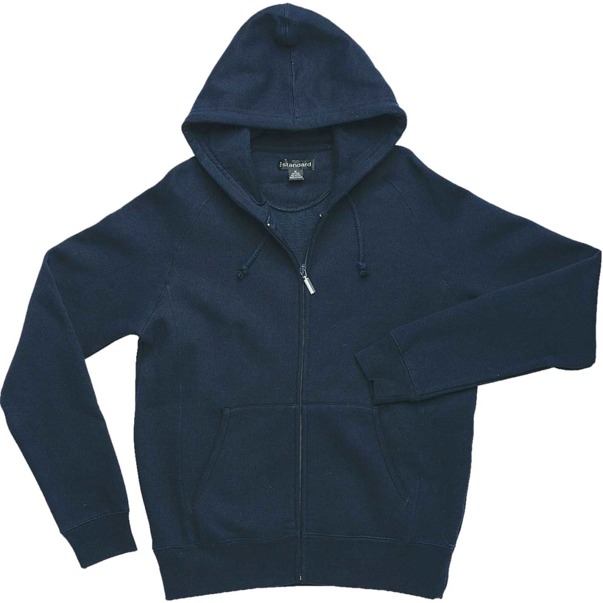A navy blue women's zip-through hoodie featuring a hood and a single sleeve, with a logo on the chest.