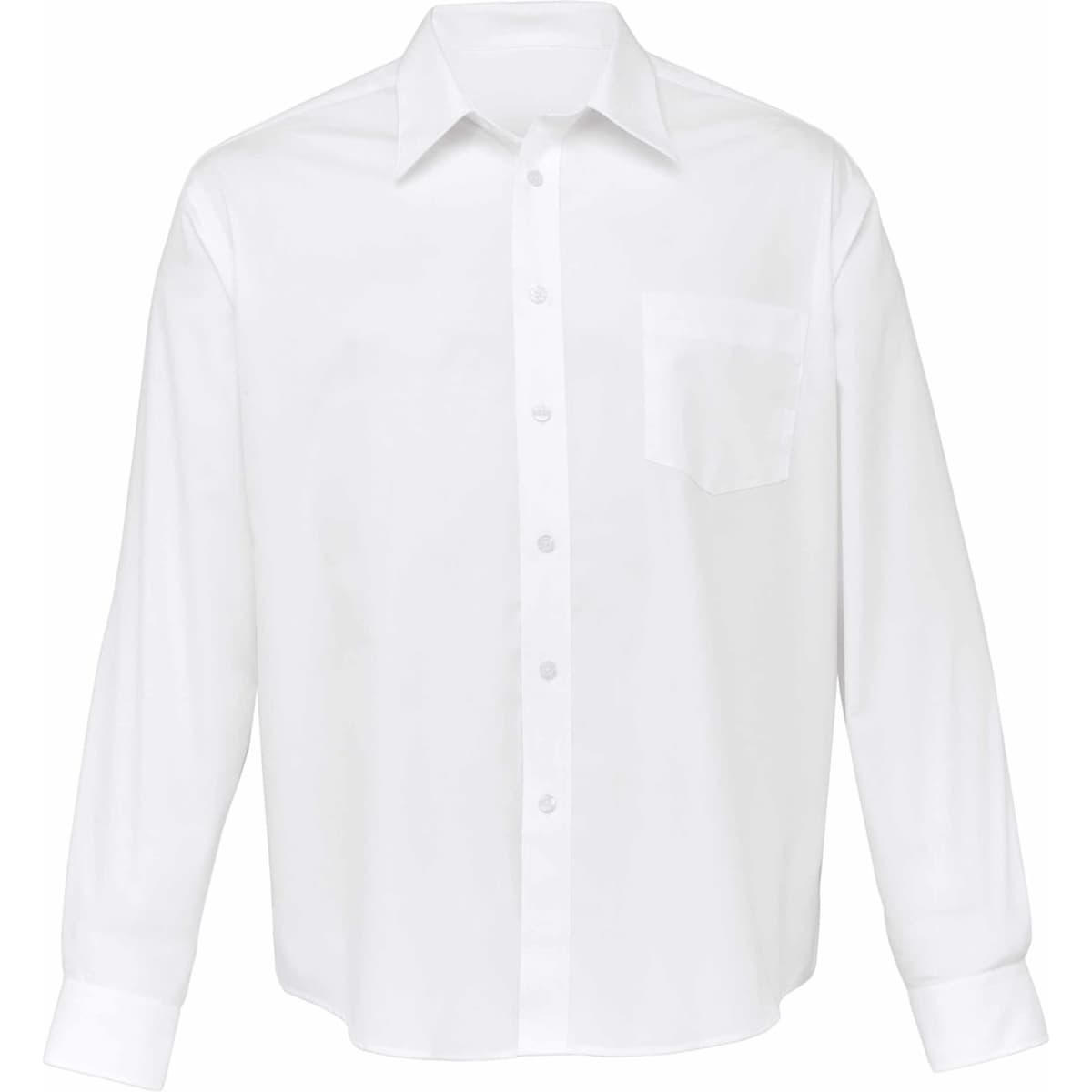 A white button-up shirt with a single chest pocket and long sleeves. It features a logo on the chest.