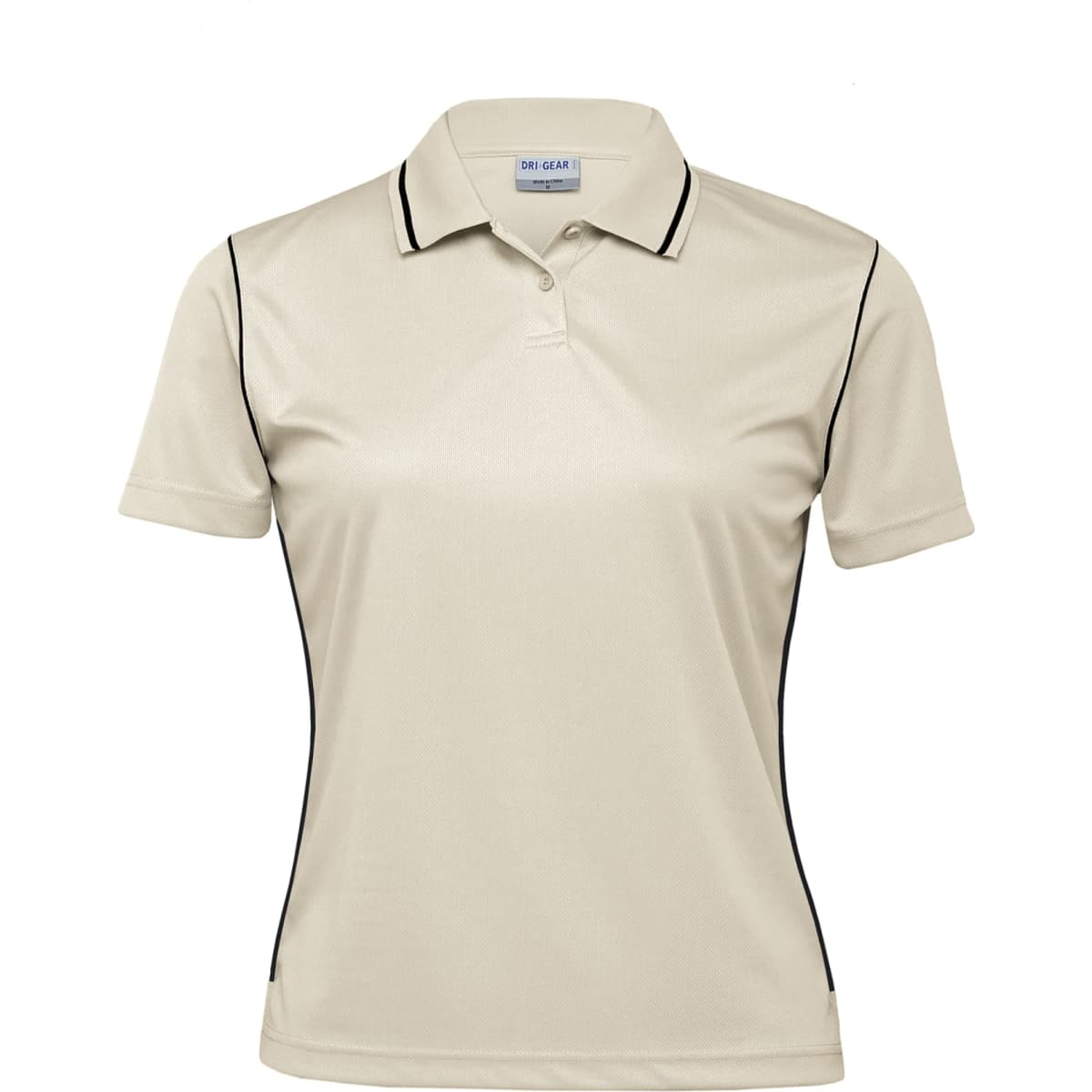 A women's polo shirt in a light beige colour with black piping and a logo on the chest.