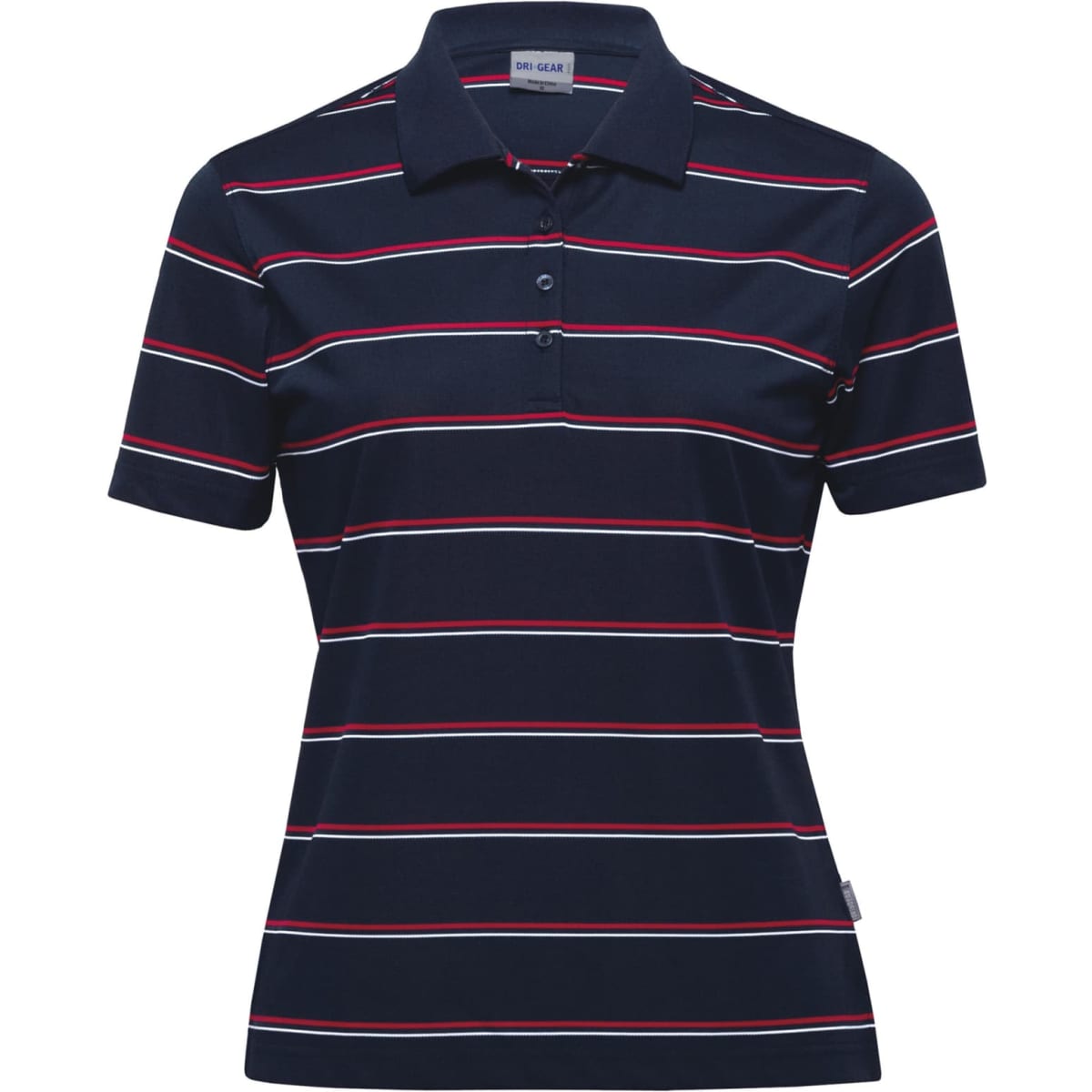 A navy women's polo shirt featuring red and white horizontal stripes, with a logo on the side.