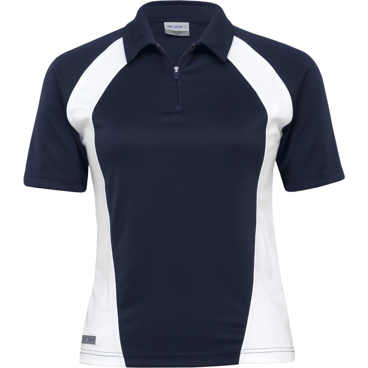 A women's polo shirt featuring a navy blue and white design with a quarter zipper and a logo.