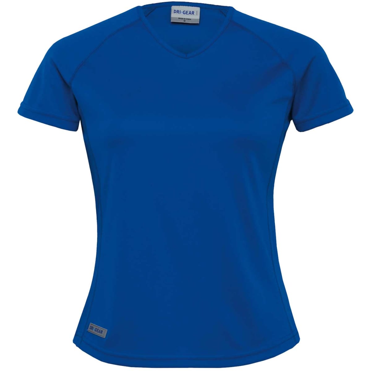 A women's blue Dri Gear plain raglan tee with short sleeves and a subtle logo on the hem.