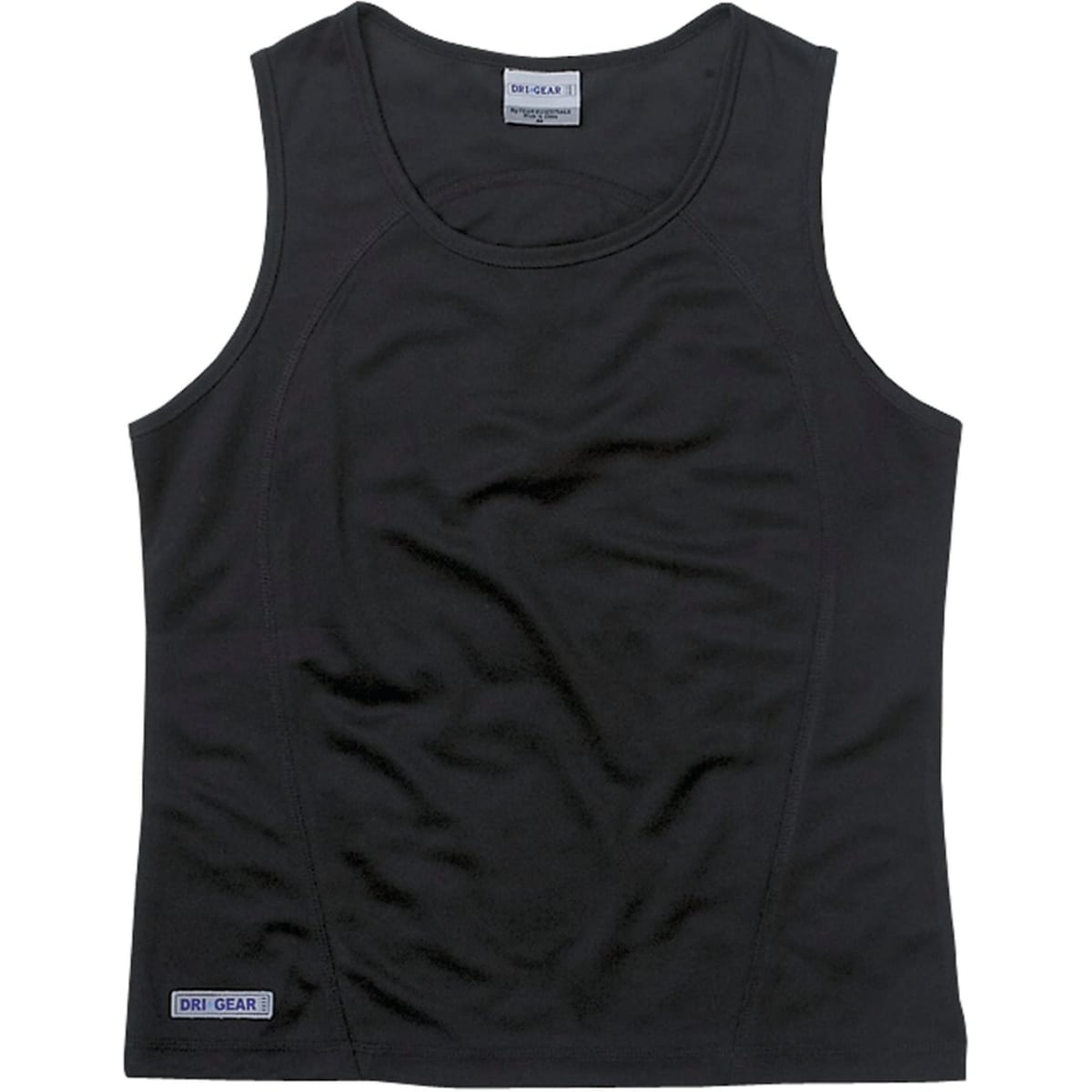 A black women's singlet from Dri Gear with a fitted design and a logo on the side.
