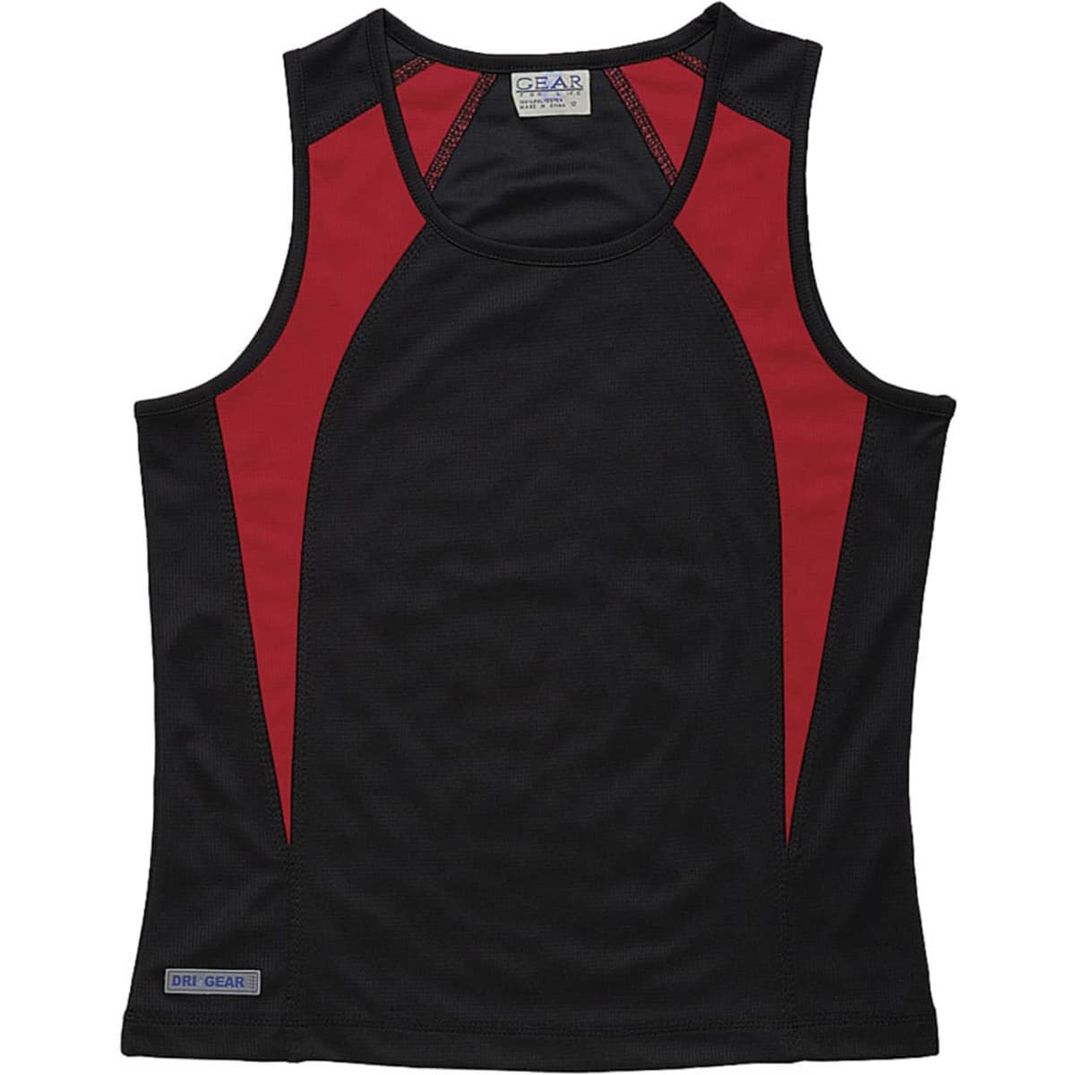 A women's singlet featuring a black body with red spliced panels and a logo on the side.