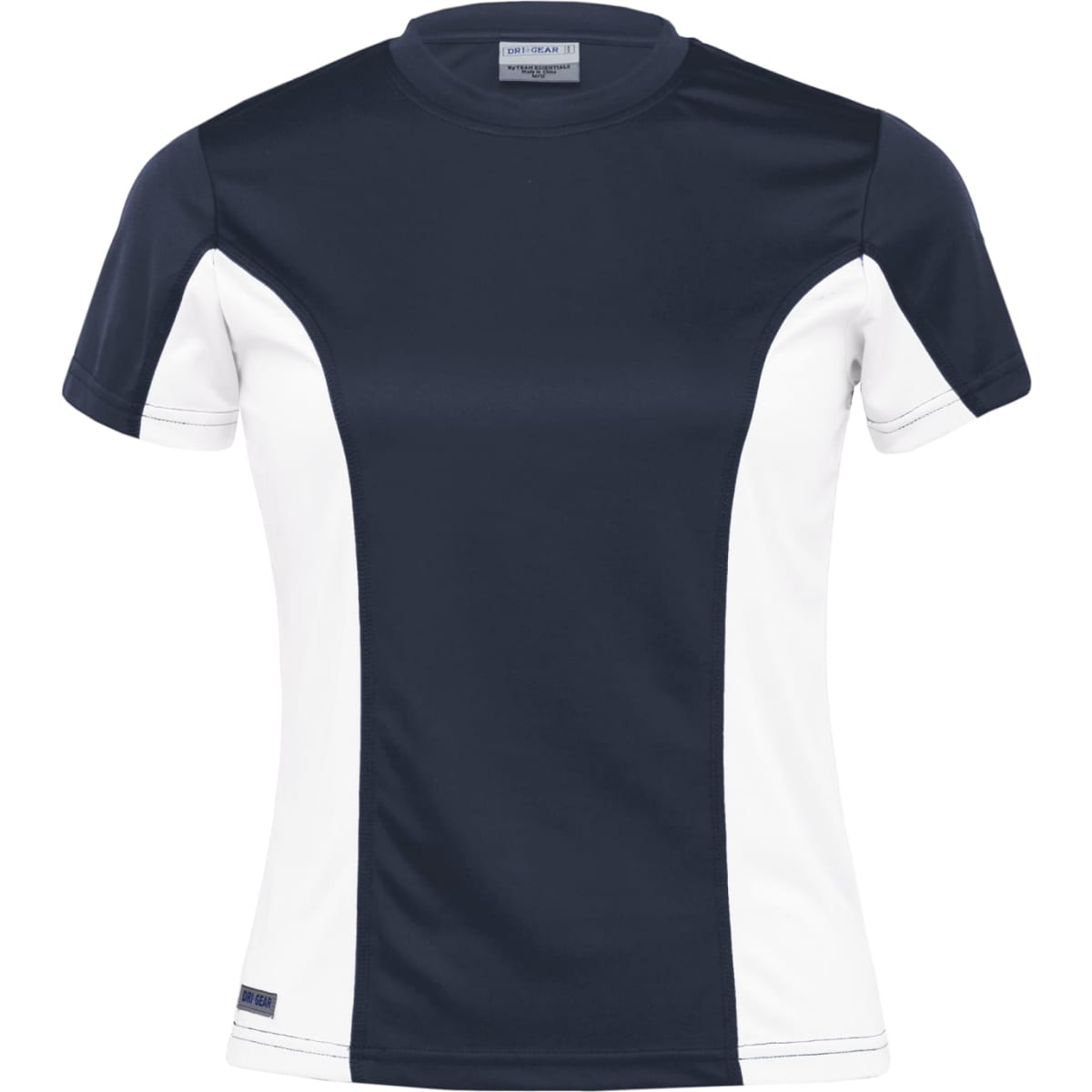 A women's navy and white active t-shirt featuring a logo, designed for performance.