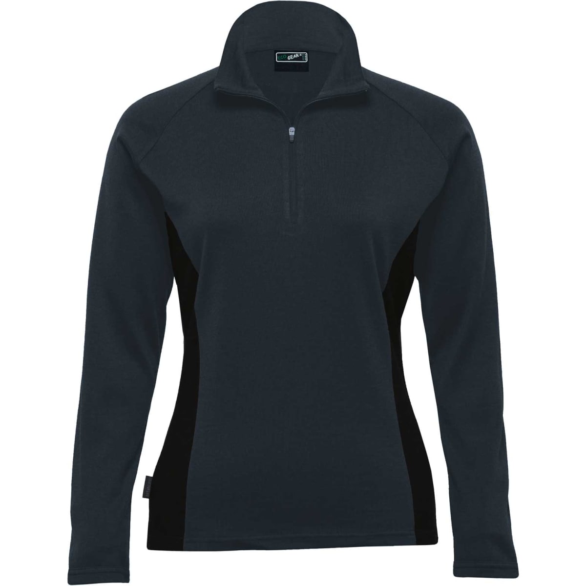 A Merino pullover in dark grey with black contrast inserts, featuring a zip neckline and long sleeves.