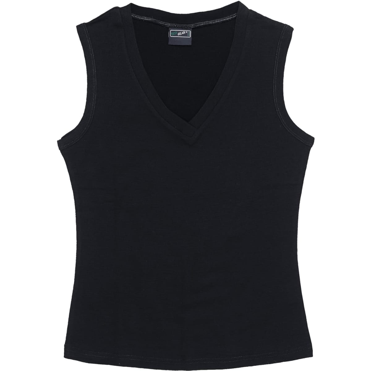 A black women's vest with a V-neck design, featuring sleeveless styling and a fitted silhouette.