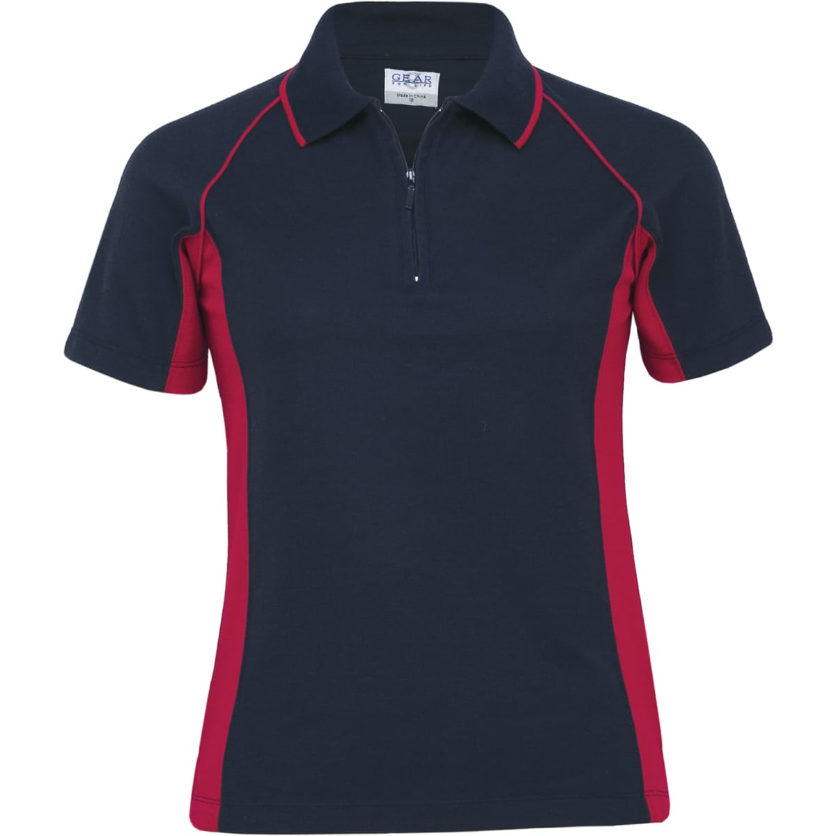 A navy and red women's polo shirt featuring short sleeves and a zip-up collar, with a logo at the chest.