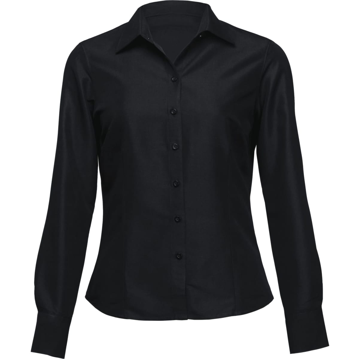 A black long sleeve button-up shirt with a collar and front buttons, featuring a fitted design.