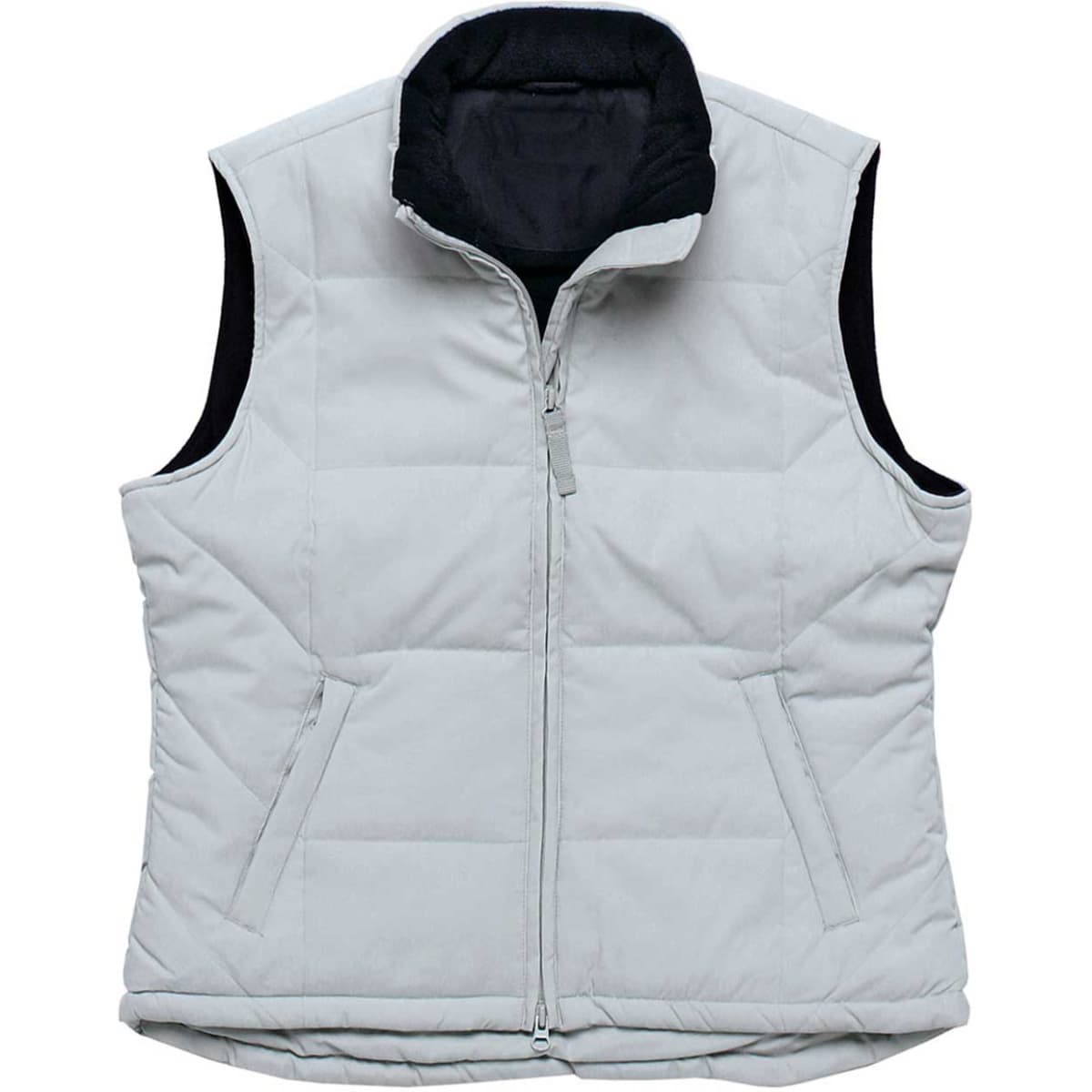 A women's zip-up vest in light grey with a black collar and inner lining. It has a logo on the front.