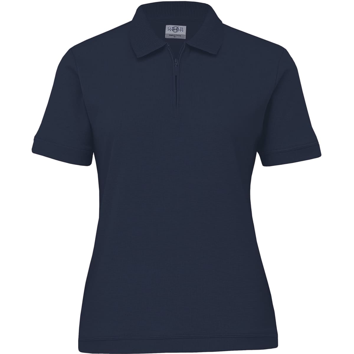 Navy women's polo shirt featuring a collar and short sleeves, with a branding logo on the chest.