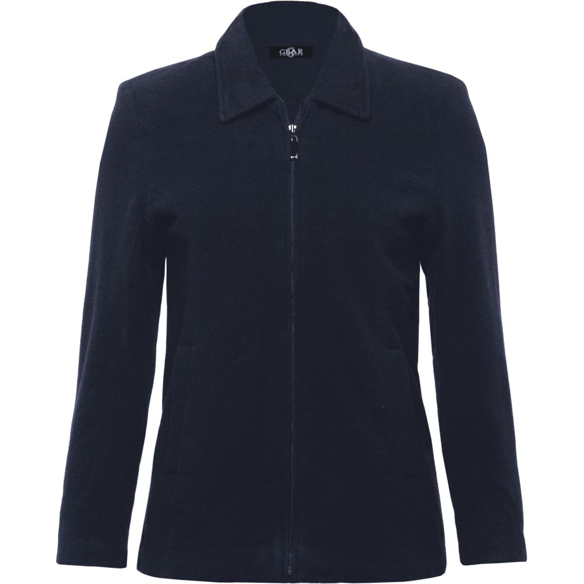 A navy women's jacket featuring a zip front, collar, and side pockets. The jacket has a logo on it.