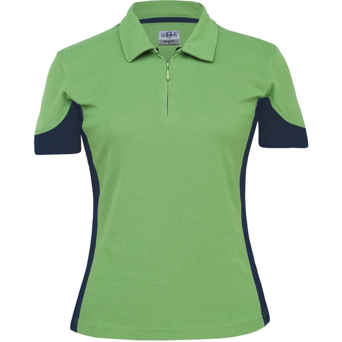 A women's polo shirt in green with navy blue accents, featuring a quarter zip and a logo.
