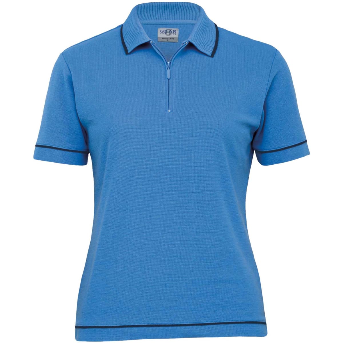 A women's retro waffle polo shirt in blue with contrasting trims and a zippered neckline. It features a logo.