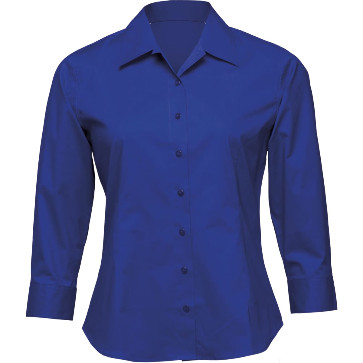 A fitted blouse in bright blue, featuring a button-up design and long sleeves. It has a collar and subtle branding.