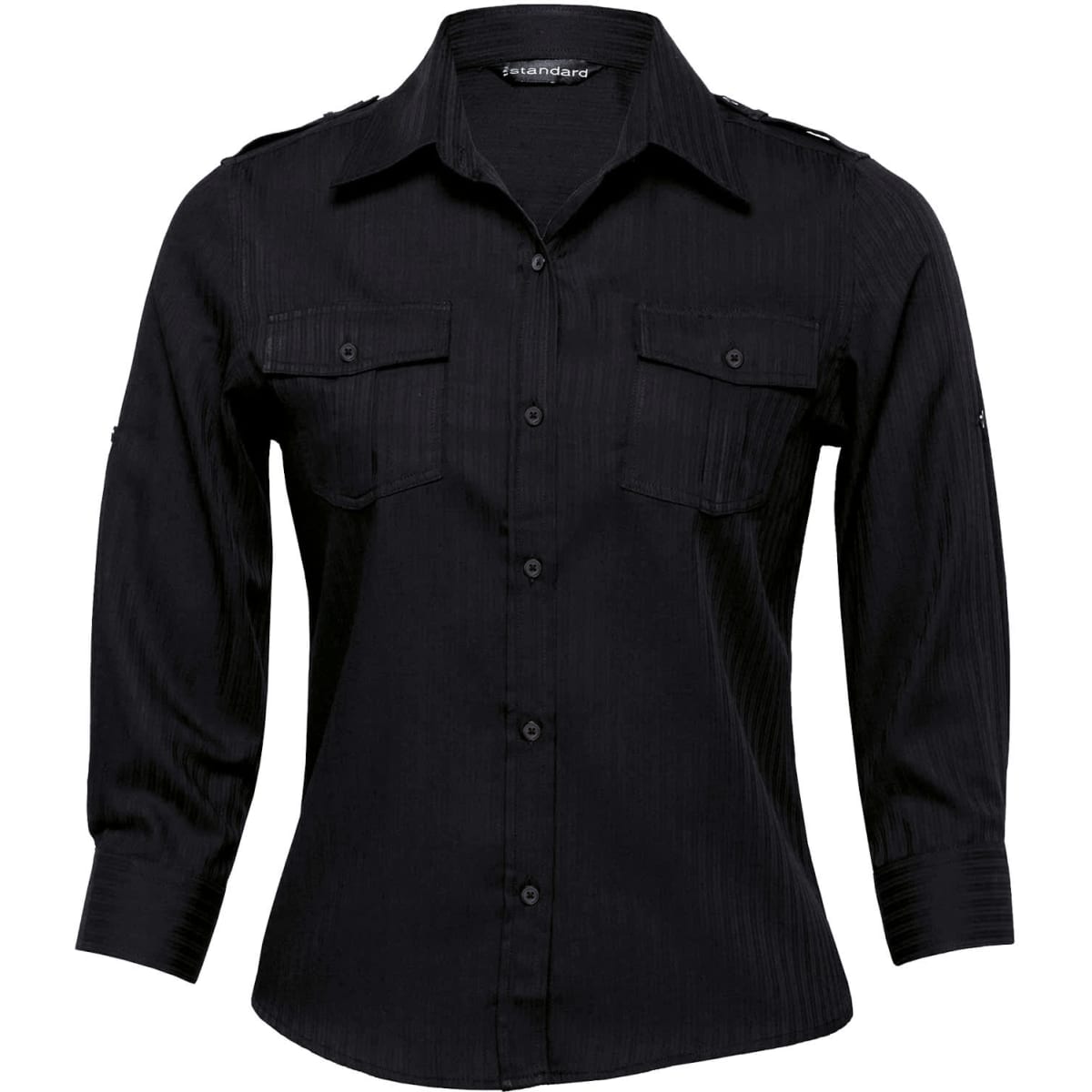 A black women's button-up shirt featuring two chest pockets and shoulder detailing.