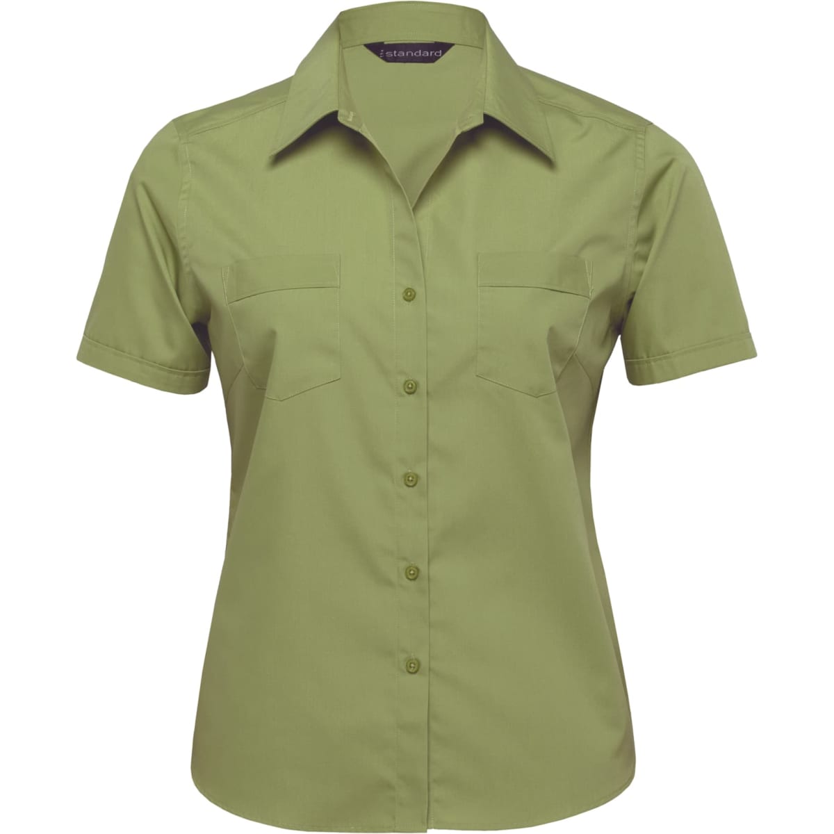 A green button-up women's shirt featuring short sleeves and two front pockets, with a logo on the collar.