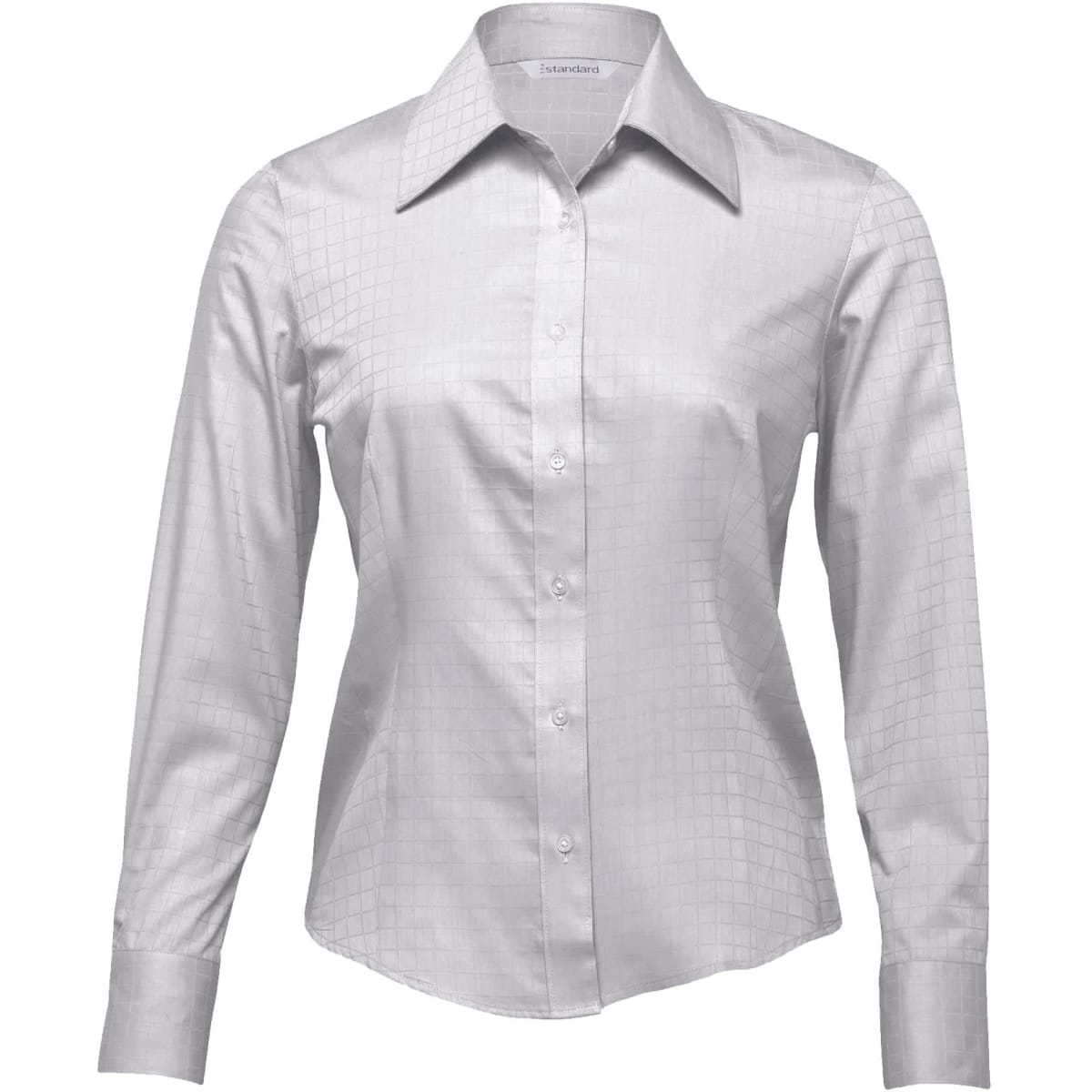 A button-up shirt in light grey, featuring a subtle grid pattern and long sleeves. It has a logo on the collar.