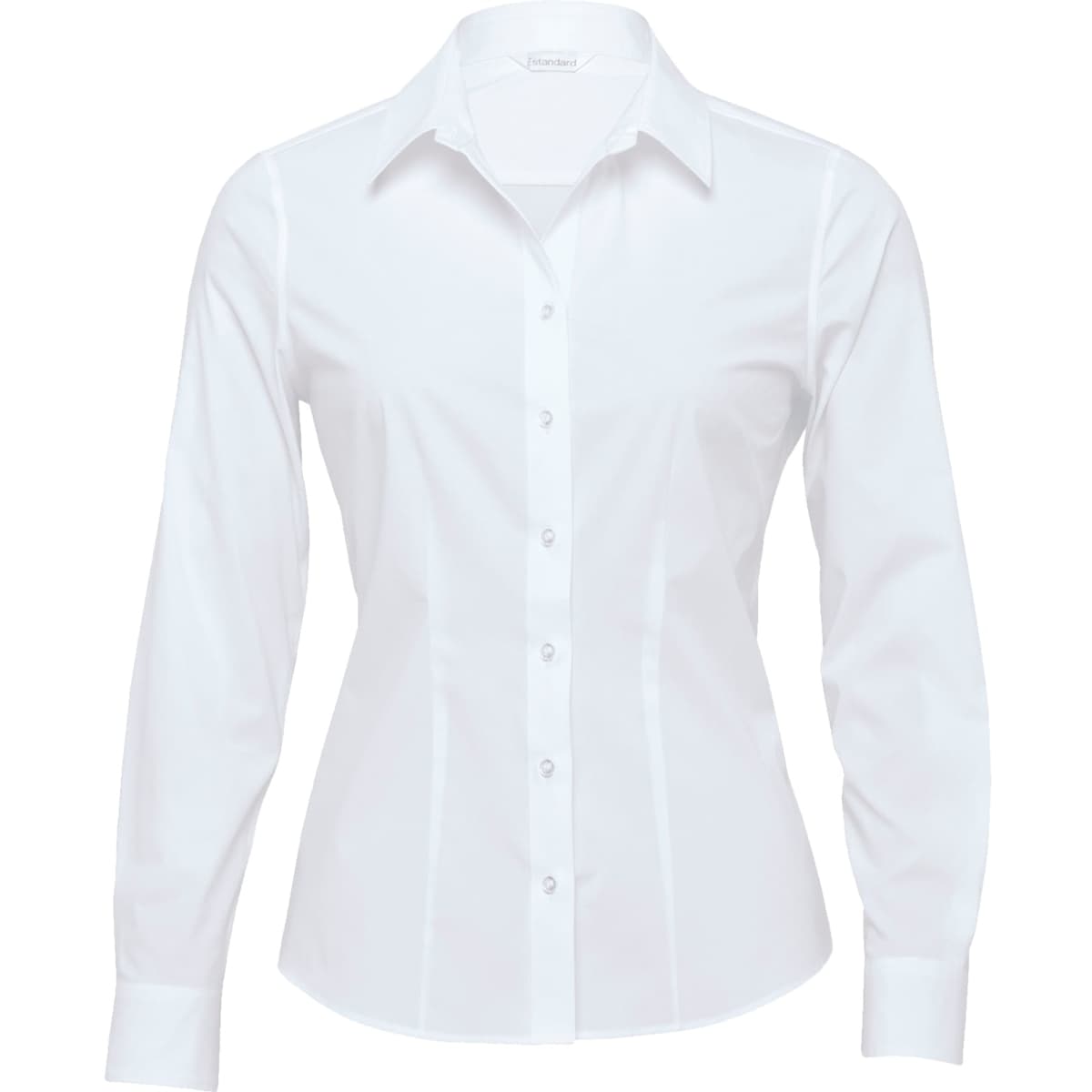 A white women's button-up shirt with long sleeves and a fitted silhouette. It features a collar and a row of buttons down the front.