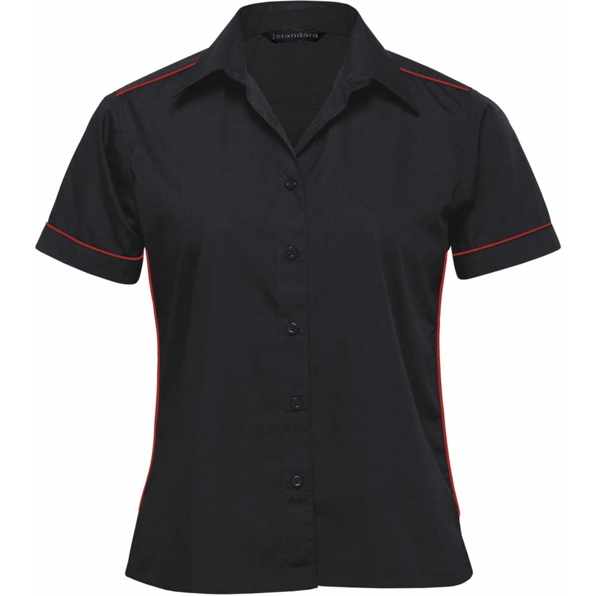 A short-sleeved women's button-up shirt in black with red piping and a logo on the collar.
