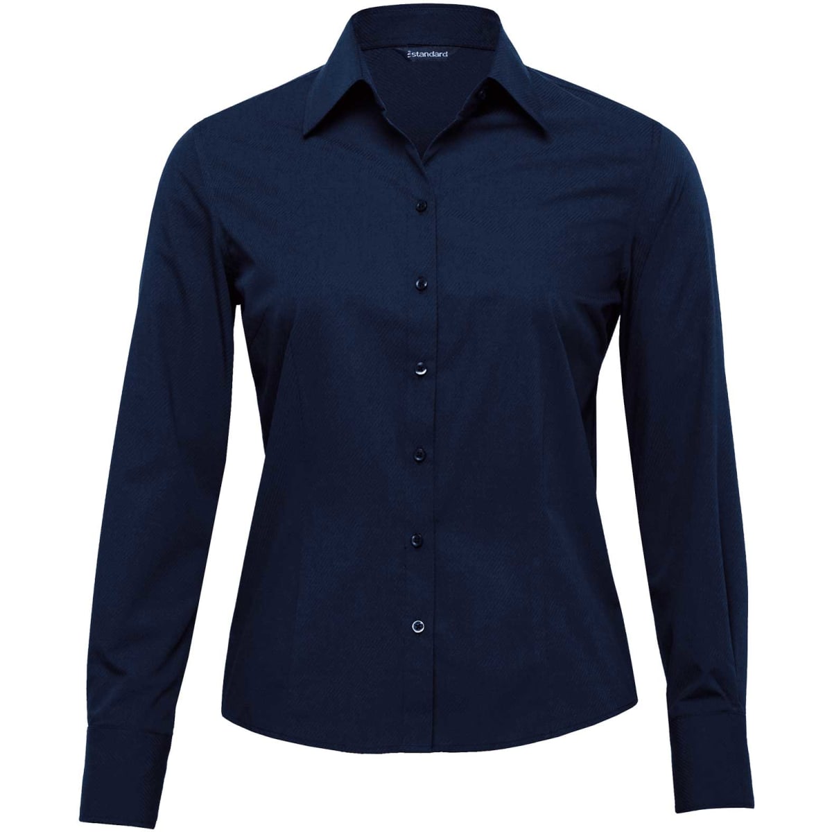 A navy blue long sleeve button-up shirt for women, featuring a collar and a branding logo.
