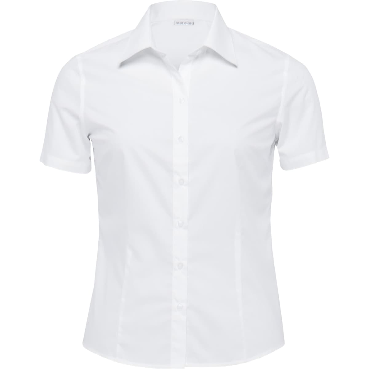 A white short sleeve button-up shirt for women, featuring a fitted design and a logo on the collar.