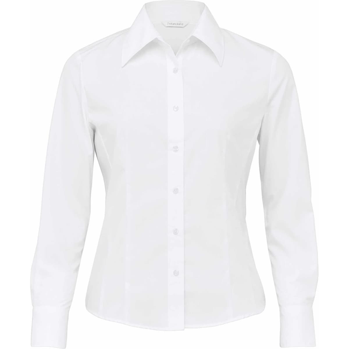 A white women's button-up shirt with long sleeves and a collar, featuring a branding logo.