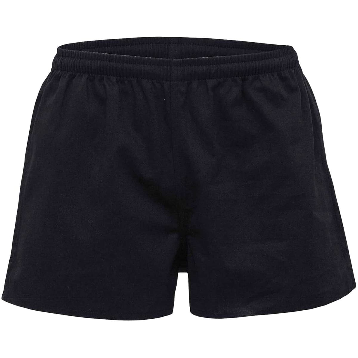 Black youth rugby shorts featuring an elastic waistband and a secure fit. Includes a logo.