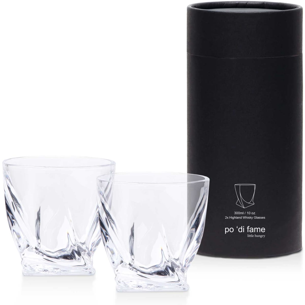 A whisky glass set featuring two clear, intricately designed glasses packaged in a sleek black cylindrical box.