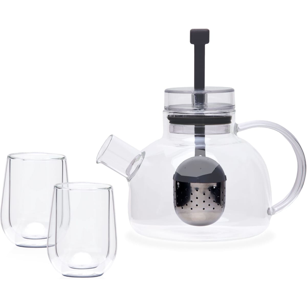 A clear glass teapot with a mesh infuser and two matching glass cups. The design is sleek and modern.