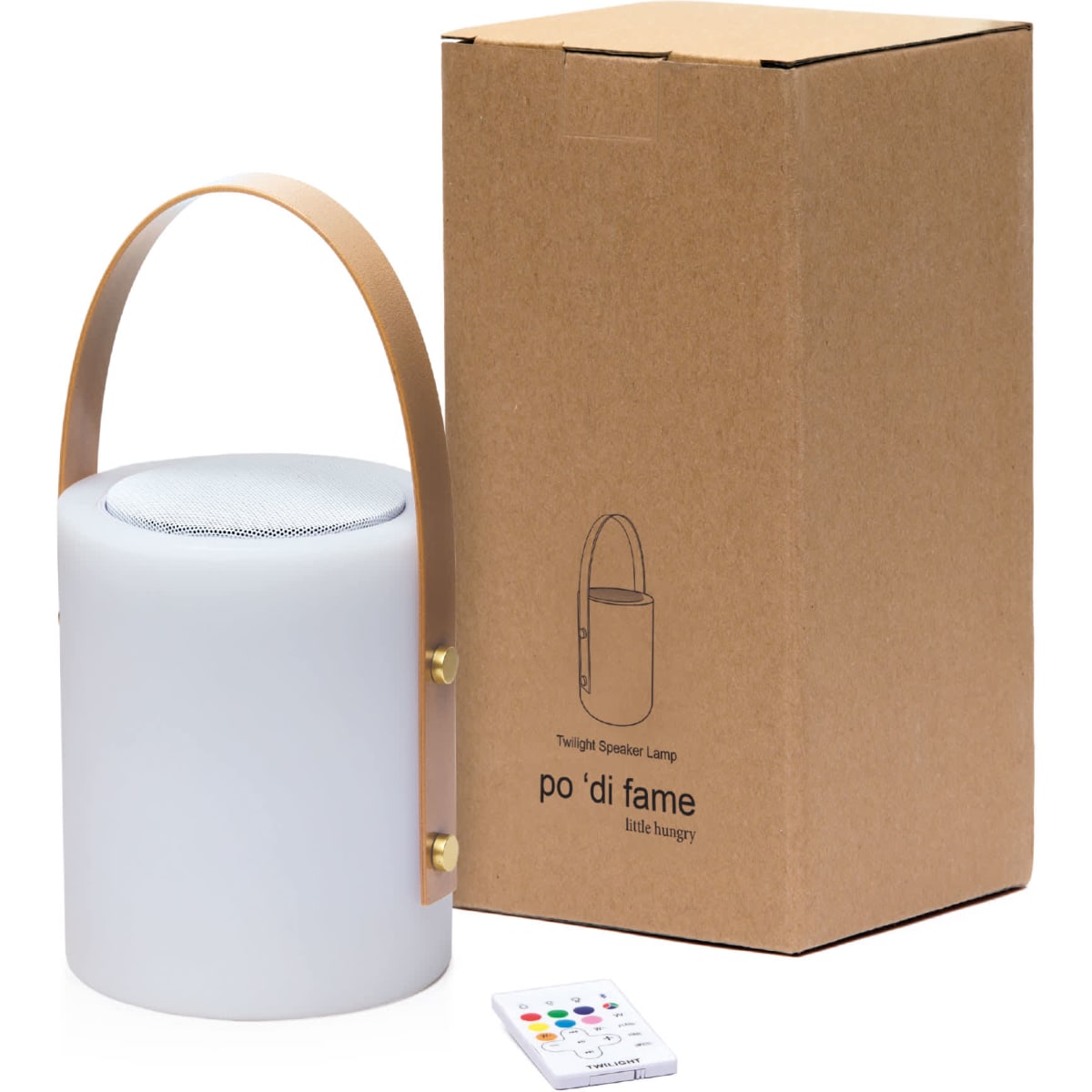 A white cylindrical speaker lamp with a leather handle, accompanied by a brown cardboard box and a remote control.